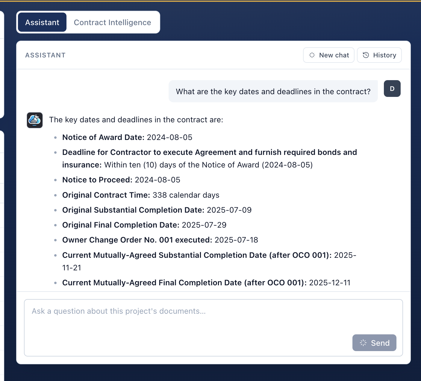 The assistant answering the question "What are the key dates and deadlines in the contract?" with notice of award, notice to proceed, original contract time, substantial and final completion dates, and revised dates after change order 001.